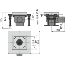 AlcaDrain Bodenablauf aus Edelstahl 130×130 mm mit einem waagrechten Abgang, ohne Rost, Kombi-Geruchsverschluss SMART