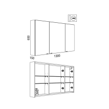 Spiegelschrank ALLIANCE 1200 3 Spiegeltüren doppelt verspiegelt inkl. Schalter und Steckdose und mit seitlichem LED-Licht(21.5W) 1222 x 650 x 150 mm