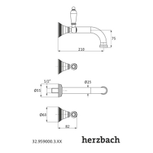 Herzbach ANAIS CLASSIC Waschtisch-Brückenbatterie Farbset Stilgriffe 210mm Chrom