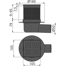 AlcaDrain Bodenablauf 105×105/50 mm mit einem waagrechten Abgang, Edelstahl Rost Schwarz-Matt, Kombi-Geruchsverschluss SMART