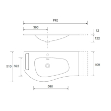 Waschtisch MAM 990 rechts mit Handtuchhalter, ohne Siphon und Clickerabfluss SOLID SURFACE WEIß MATT 990 x 12 x 510 mm