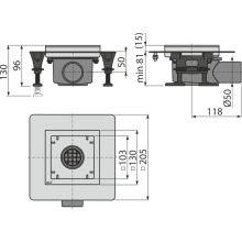 AlcaDrain Bodenablauf aus Edelstahl flach 130×130 mm mit einem waagrechten Abgang, ohne Rost, Kombi-Geruchsverschluss SMART