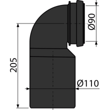 alcadrain Abflussbogen 90° für Wand-WC, Reduktion DN 90 × DN 110, Länge 205 mm, PE, schwarz