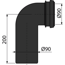alcadrain Abflussbogen 90° für Wand-WC, DN 90 × DN 90, Länge 200 mm, PE, schwarz