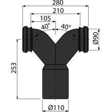 alcadrain Doppelter 90°-Anschlussbogen für Wand-WC, Reduktion 2×DN 90 × DN 110, Länge 253 mm, PE, schwarz