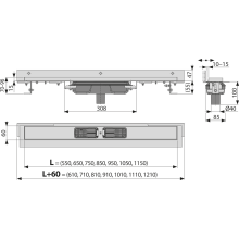 Alcadrain APZ1104 Flexible Low Duschrinne mit Rand für den perforierten Rost und mit einstellbarem Kragen zur Wand, Abfluss senkrecht