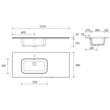 Waschtisch CONSTANZA 1200 Schrankelement rechts ohne Siphon und Clickerabfluss, für Schrank 900 PORZELLAN WEIß 1210 x 20 x 460 mm