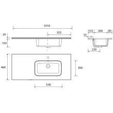 Waschtisch CONSTANZA 1000 Schrankelement links ohne Siphon und Clickerabfluss, für Schrank 700 PORZELLAN WEIß 1010 x 20 x 460 mm