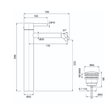 Herzbach DEEP Waschtisch-Einlochbatterie XL-Size 170mm mit PUSH-Ablauf Chrom