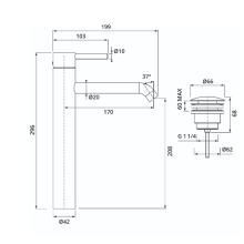 Herzbach DEEP Waschtisch-Einlochbatterie XL-Size 170mm Niederdruck mit PUSH-Ablauf Chrom