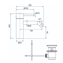 Herzbach DEEP Waschtisch-Einlochbatterie S-Size 130mm mit Zugstangen-Ablaufgarnitur Chrom