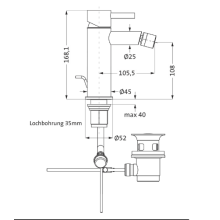 Herzbach DESIGN iX PVD Bidet-Einlochbatterie mit Ablauf Copper Steel
