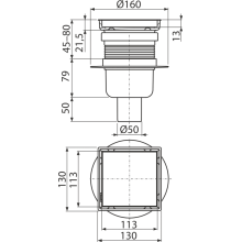 AlcaDrain Edelstahl-Bodenablauf 130×130 mm mit einem senkrechten Abgang, doppelseitiges Edelstahl-Rost, Geruchsverschluss mit Sperrwasser