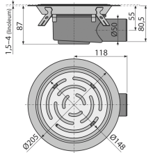 AlcaDrain Bodenablauf 105×105/50 mm mit einem waagrechten Abgang, Edelstahl Rost, Edelstahl-Dichtungflansch und Manschette-2. Abdichtung, Kombi-Geruchsverschluss SMART