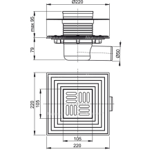 AlcaDrain Bodenablauf 105×105/50 mm mit einem waagrechten Abgang, Edelstahl Rost, Edelstahl-Dichtungflansch und Manschette-2. Abdichtung, Kombi-Geruchsverschluss SMART