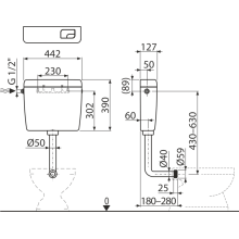 AlcaDrain Spülkasten A930-M-1/2" niedrig hängend Dual-Spülung 3/6 Liter