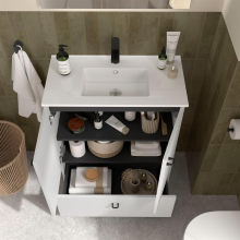 Badezimmermöbel INARA 500, reduzierter Tiefenmaß, 2 Türen und 1 Schublade WEISS SATIN + Waschbecken + Spiegel