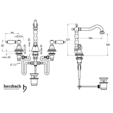 Herzbach ANAIS CLASSIC WT-Dreilochbatterie Stilgriffe mit Ablauf Chrom