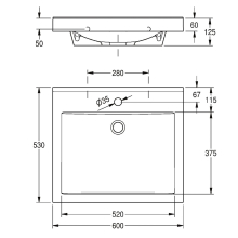 KWC Einzelwaschtisch, QUADRO, MIRANIT, 600x125x530 mm, Mulde Re-eckig, Hahnloch