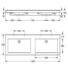 KWC Doppelwaschtisch, QUADRO, MIRANIT, 1400x125x530 mm, Mulden Re-eckig