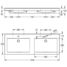 KWC Doppelwaschtisch, QUADRO, MIRANIT, 1400x125x530 mm, Mulden Re-eckig, Hl