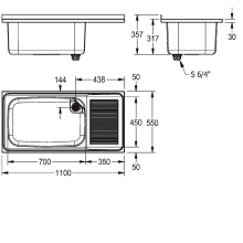 KWC Mehrzweckbecken, SIRIUS, Edelstahl, 1100x357x550 mm, Tropfteil Rechts