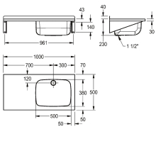 KWC Mehrzweckbecken, SIRIUS, Edelstahl, 1000x230x500 mm, Ablagefläche Links