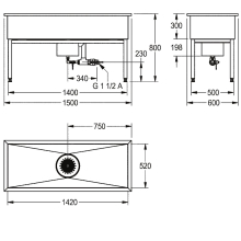KWC Werkraumbecken, SIRIUS, Edelstahl, 1500x800x600 mm, U-bau, Schlammfang