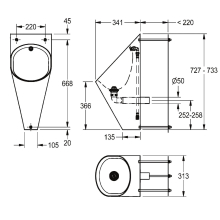 KWC Urinal, HEAVY DUTY, Edelstahl, Spritzkopf, 313x732x342 mm, Hw.-mont