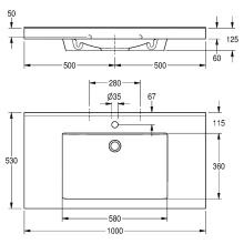 KWC Einzelwaschtisch, QUADRO, MIRANIT, 1000x125x530 mm, Mulde Re-eckig, Hl