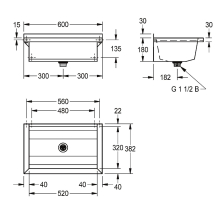 KWC Waschrinne, PLANOX, Edelstahl, Wandmontage, 600x210x382 mm, O. Arm-bank