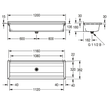 KWC Waschrinne, PLANOX, Edelstahl, W.-mont, 1200x210x382 mm, O. Arm-bank
