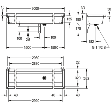 KWC Waschrinne, PLANOX, Edelstahl, W.-mont, 3000x210x382 mm, O. Arm-bank