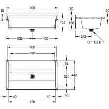 KWC Waschrinne, PLANOX, Edelstahl, W.-mont, 800x210x442 mm, m. Arm-bank