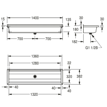 KWC Waschrinne, PLANOX, Edelstahl, W.-mont, 1400x210x382 mm, O. Arm-bank