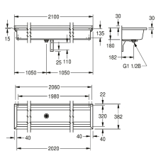 KWC Waschrinne, PLANOX, Edelstahl, W.-mont, 2100x210x382 mm, O. Arm-bank