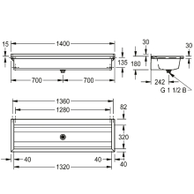 KWC Waschrinne, PLANOX, Edelstahl, W.-mont, 1400x210x442 mm, m. Arm-bank