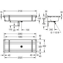 KWC Waschrinne, PLANOX, Edelstahl, W.-mont, 2100x210x442 mm, m. Arm-bank