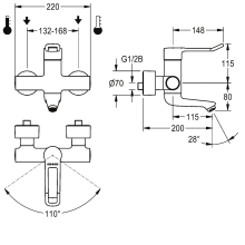 KWC Thermostat-wandbatterie, F4, EHM, Schwenkauslauf, 200 mm, Hebel 148 mm