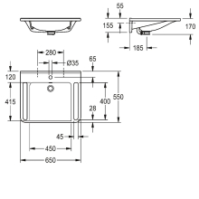 KWC Einzelwaschtisch, MEDCARE, MIRANIT, 650x150x550 mm, Weiß, Hl, Ül, Griff