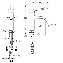 KWC Thermostat-standbatterie, F4, EHM, 135 mm, Armhebel, Rohre