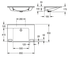 KWC Einzelwaschtisch, MEDCARE, MIRANIT, 850x150x550 mm, Weiß, Überlauf, Griff