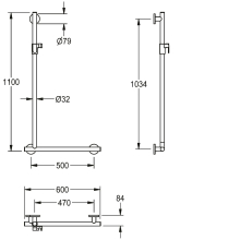 KWC Winkelgriff, MEDCARE, Edst, Grau, 90 Grad, 600x1100x84 mm, Ausf. Re, Br.h