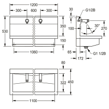 KWC Waschplatzeinheit, PLANOX, Edst, 1200x530x440 mm, 2xWandventil Hydr