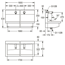 KWC Waschplatzeinheit, PLANOX, Edst, 1800x530x440 mm, 3xWandventil Hydr