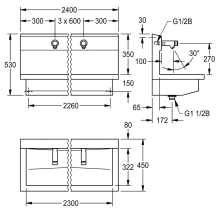 KWC Waschplatzeinheit, PLANOX, Edst, 2400x530x440 mm, 4xWandventil Hydr