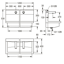 KWC Waschplatzeinheit, PLANOX, Edst, 1200x530x440 mm, 2xWandventil Elektron