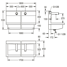 KWC Waschplatzeinheit, PLANOX, Edst, 1800x530x440 mm, 3xWandventil Elektron