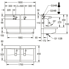 KWC Waschplatzeinheit, PLANOX, Edst, 1800x530x440 mm, 3xMBatt. Elektronisch