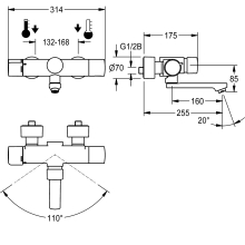 KWC Wandbatterie, F5, Hydr, Thermostat, Schwenkauslauf, 255 mm, C-modul